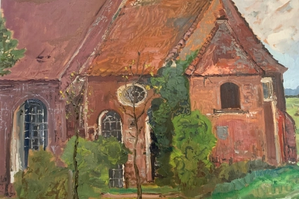 Gemälde der St. Marien-Kirche, eine ehemalige Schifferkirche, im Berner Ortsteil Warfleth, im Landkreis Wesermarsch. In der Kirche finden die Konzerte der Reihe „Berne bringt” statt.