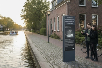Impression Projekt DIZ Emslandlager in Papenburg – KI generiert: Stele im Stadtraum von Papenburg