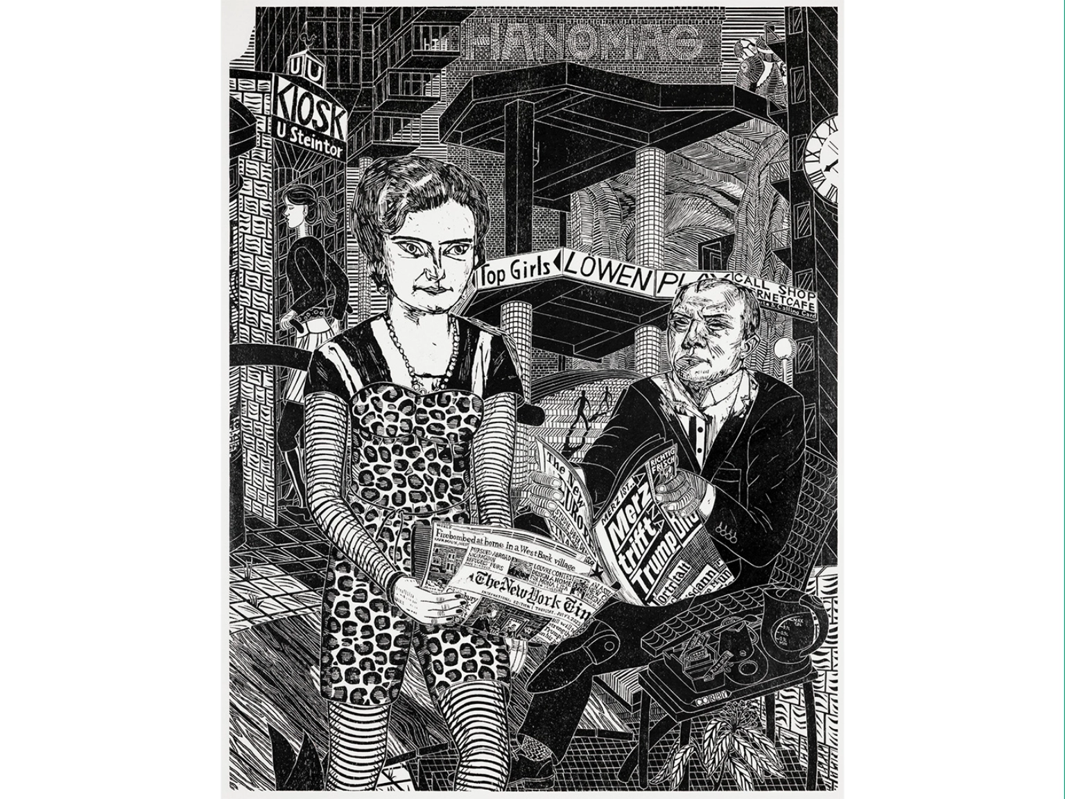 Gabriela Jolowicz: Beckmann vorm Ihme-Zentrum, 2025, Holzschnitt 93x120 c