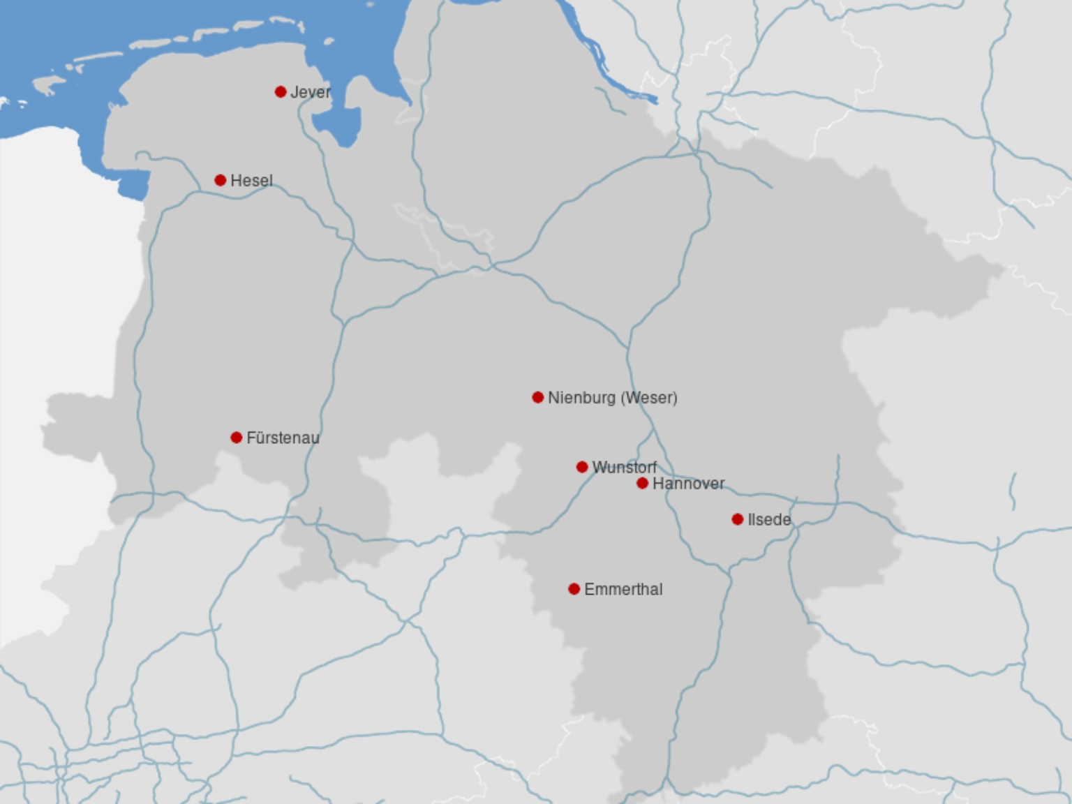 Landkarte mit den eingezeichneten Orten der zweiten Förderrunde Vital Village: Hesel, Jever, Fürstenau, Nienburg, Wunstorf, Emmerthal und Ilsede, Quelle: mixmaps.de