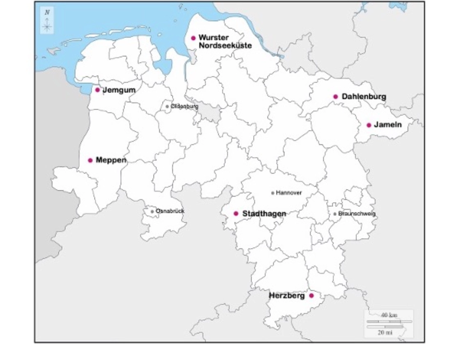 Übersichtskarte von Niedersachsen mit den markierten Vital Villages der ersten Förderrrunde