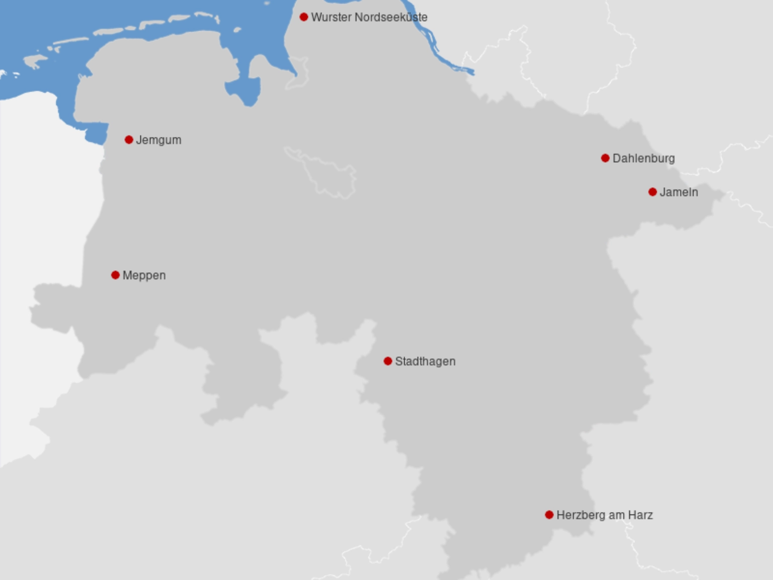 Übersichtskarte von Niedersachsen mit den markierten Vital Villages der ersten Förderrrunde