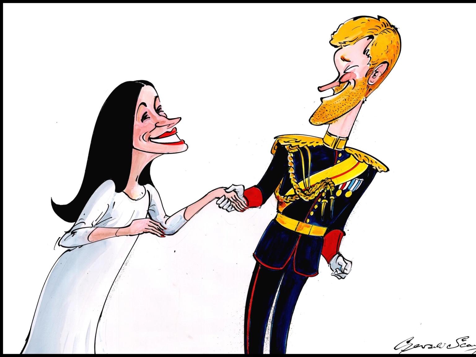 Gerald Scarfe: Modernising the Monarchy (19. Mai 2018); Tusche/Feder, Aquarell; 59 x 84cm.<br/>Durch Meghan Markle, eine geschiedene „mixed-race” Amerikanerin, ist die Königliche Familie in der Gegenwart angekommen.