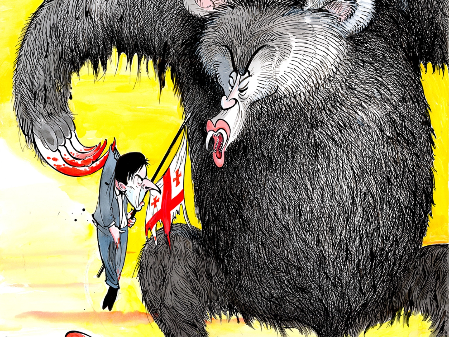 Gerald Scarfe: Russian Bear (2012); Tusche/Feder, Aquarell, Deckweiß; 75 x 59,2cm.<br/>Der Aufstieg Wladimir Putins als neuer russischer Bär, der russische Satellitenstaaten wie Georgien tyrannisiert.