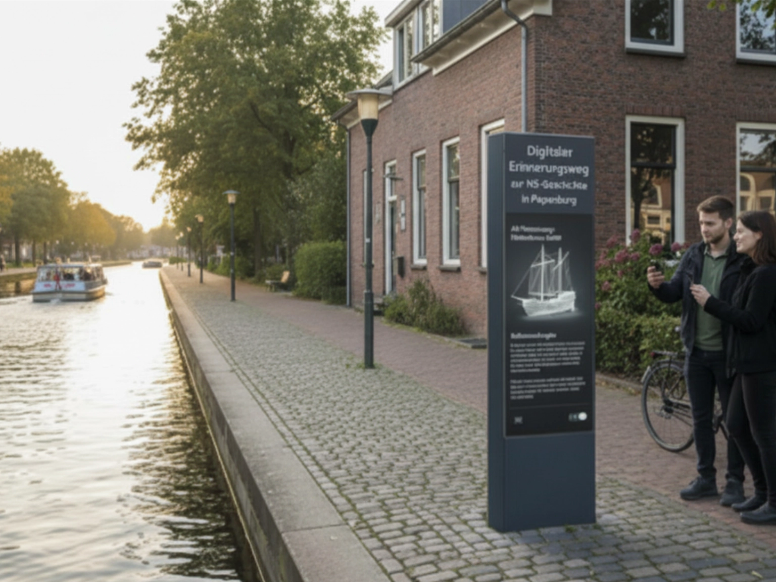 Impression Projekt DIZ Emslandlager in Papenburg – KI generiert: Stele im Stadtraum von Papenburg