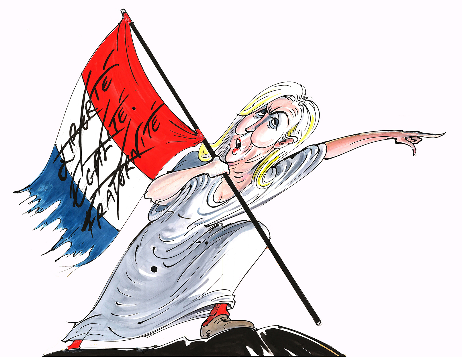 Gerald Scarfe: To the Barricades! (The Sunday Times, 23. April 2017); Tusche/Feder, Aquarell, Deckweiß; 59,5 x 78,3cm.<br/>Marine Le Pen, die Anführerin des rechtsextremen Front National, trat 2017 bei den Wahlen als Präsidentschaftskandidatin an und verlor gegen Emmanuel Macron.