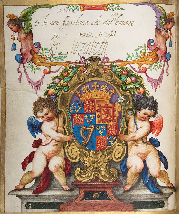 Album Amicorum – Das Große Stammbuch von Philipp Hainhofer: Johann Matthias Kager, Wappen von Elisabeth Stuart, Kurfürstin von der Pfalz, mit eigenhändiger Unterschrift, 1618