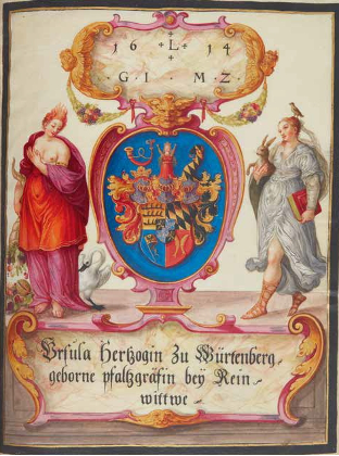 Album Amicorum – Das Große Stammbuch von Philipp Hainhofer: Das große Stammbuch von Philipp Hainhofer, Seite 59: Das Wappen der Herzoginwitwe Ursula von Württemberg (1572–1635) mit allegorischen Frauengestalten