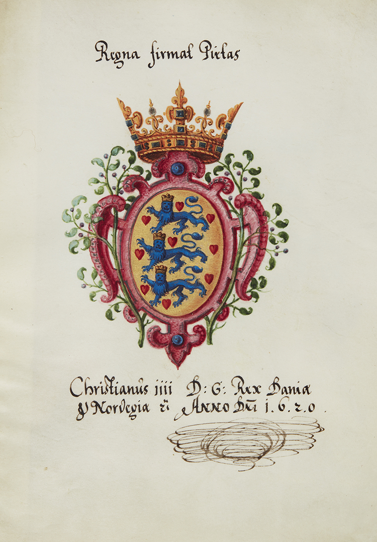 Album Amicorum – Das Große Stammbuch von Philipp Hainhofer: Unbekannter Künstler, Wappen von Christian IV., König von Dänemark und Norwegen, mit eigenhändiger Unterschrift, 1620