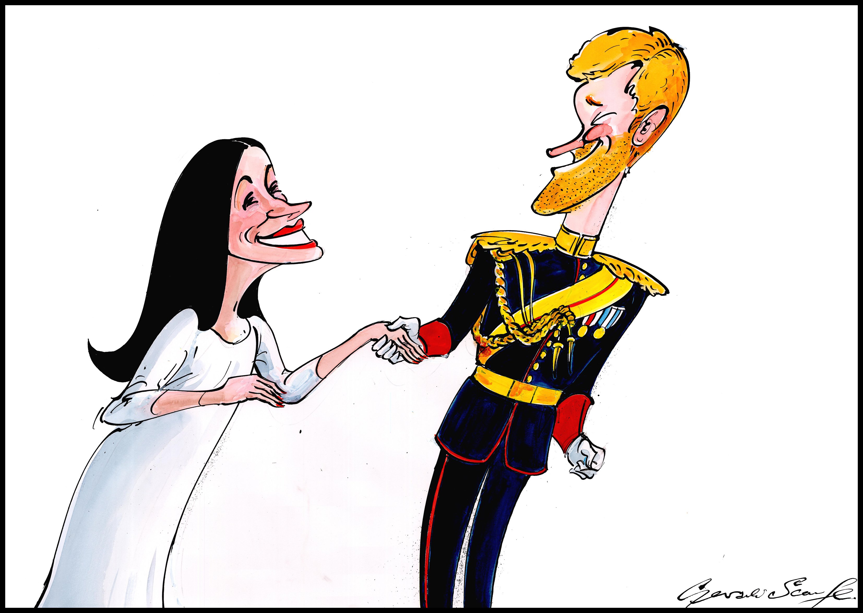 Gerald Scarfe: Modernising the Monarchy (19. Mai 2018); Tusche/Feder, Aquarell; 59 x 84cm.<br/>Durch Meghan Markle, eine geschiedene „mixed-race” Amerikanerin, ist die Königliche Familie in der Gegenwart angekommen.