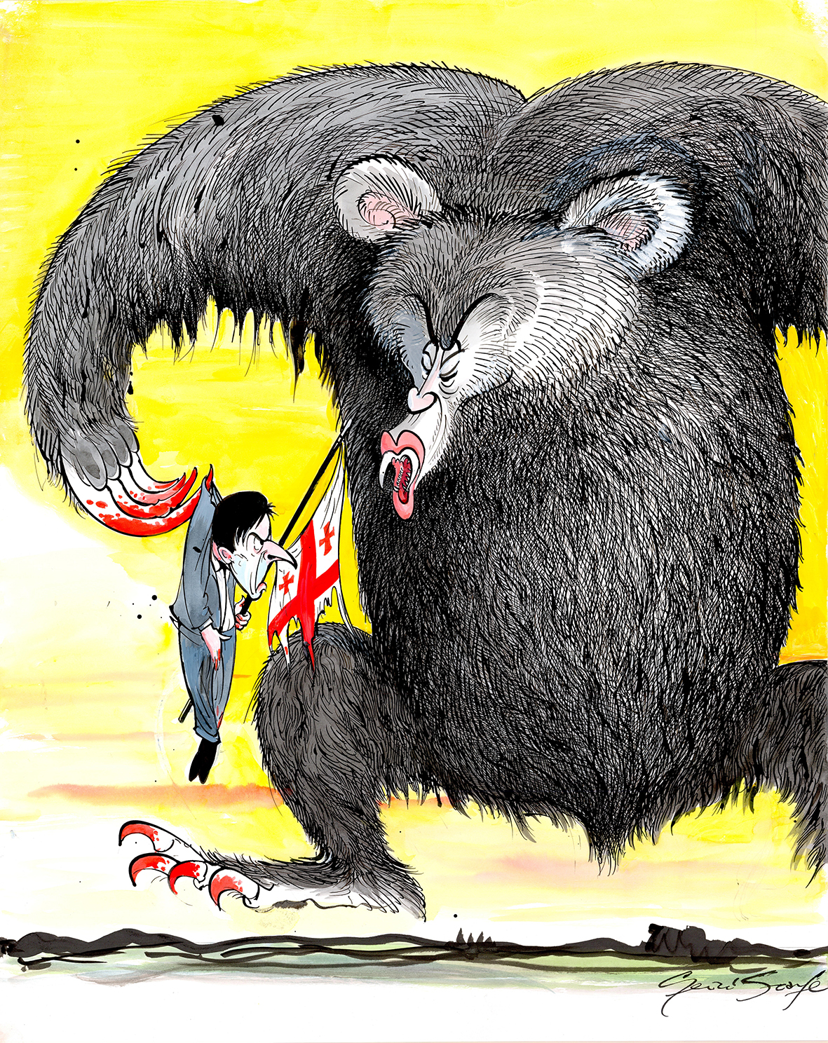 Gerald Scarfe: Russian Bear (2012); Tusche/Feder, Aquarell, Deckweiß; 75 x 59,2cm.<br/>Der Aufstieg Wladimir Putins als neuer russischer Bär, der russische Satellitenstaaten wie Georgien tyrannisiert.