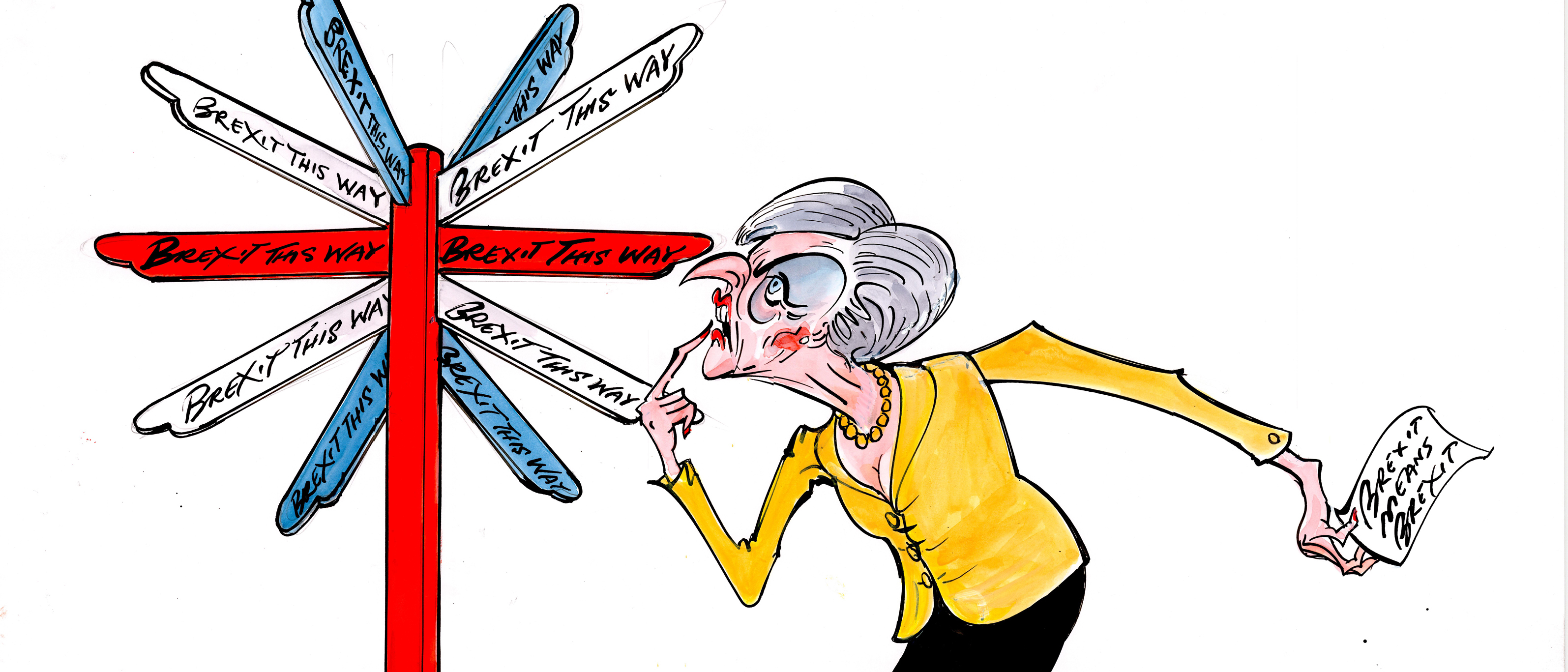 Gerald Scarfe: Which Way Brexit? (2016), Tusche/Feder, Aquarell, Deckweiß; 59,5 x 84 cm. <br/>Niemand in Großbritannien, einschließlich der Premierministerin Theresa May, weiß, was passieren wird, wenn das Vereinigte Königreich aus der EU austritt.